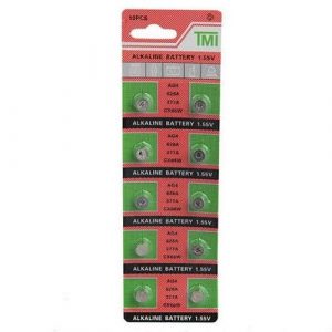 green and pink coloured strips containing 10 small batteries