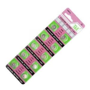 gren and pink coloured strips containing 5 small batteries