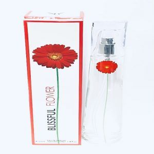 white colored box and a bottle on which a red colored flower is printed and written blissful flower on it