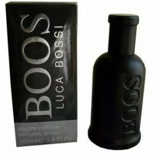 black coloured perfume bottle written boos luca boss on it